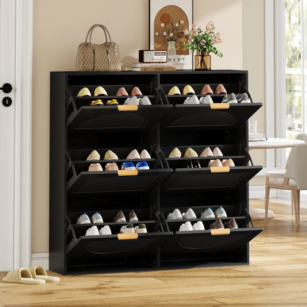 Scarpiera con 6 ante ribaltabili e ripiani aperti per ingresso e corridoio in MDF nero 118 × 25 × 115 cm