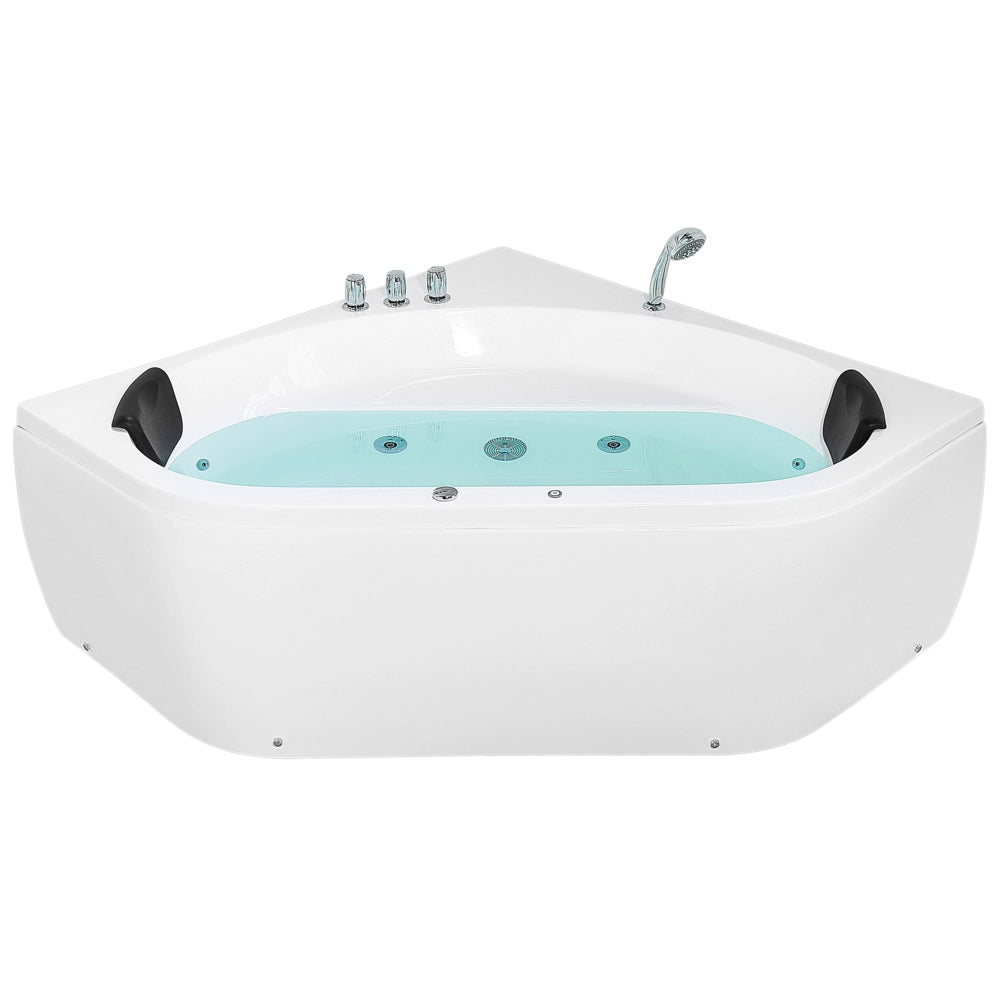 Vasca ad angolo in acrilico bianco 140 x 140 cm 2 persone getti massaggianti poggiatesta luci a LED
