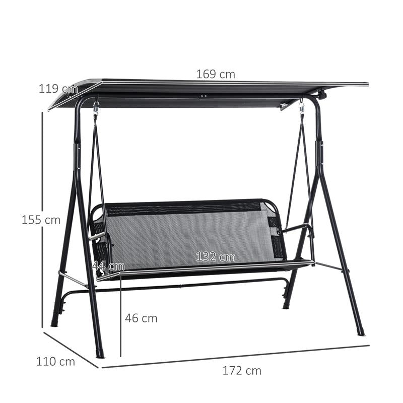 DONDOLO DA GIARDINO TERRAZZA 3 POSTI CON TETTUCCIO PARASOLE REGOLABILE, METALLO E TEXTILENE NERO 172X110X155CM