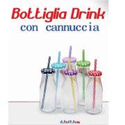 Trade Shop - Set 2 Pezzi Bottiglia Con Tappo Colorato Fantasia Bambini Cannuccia Bibite Drink -