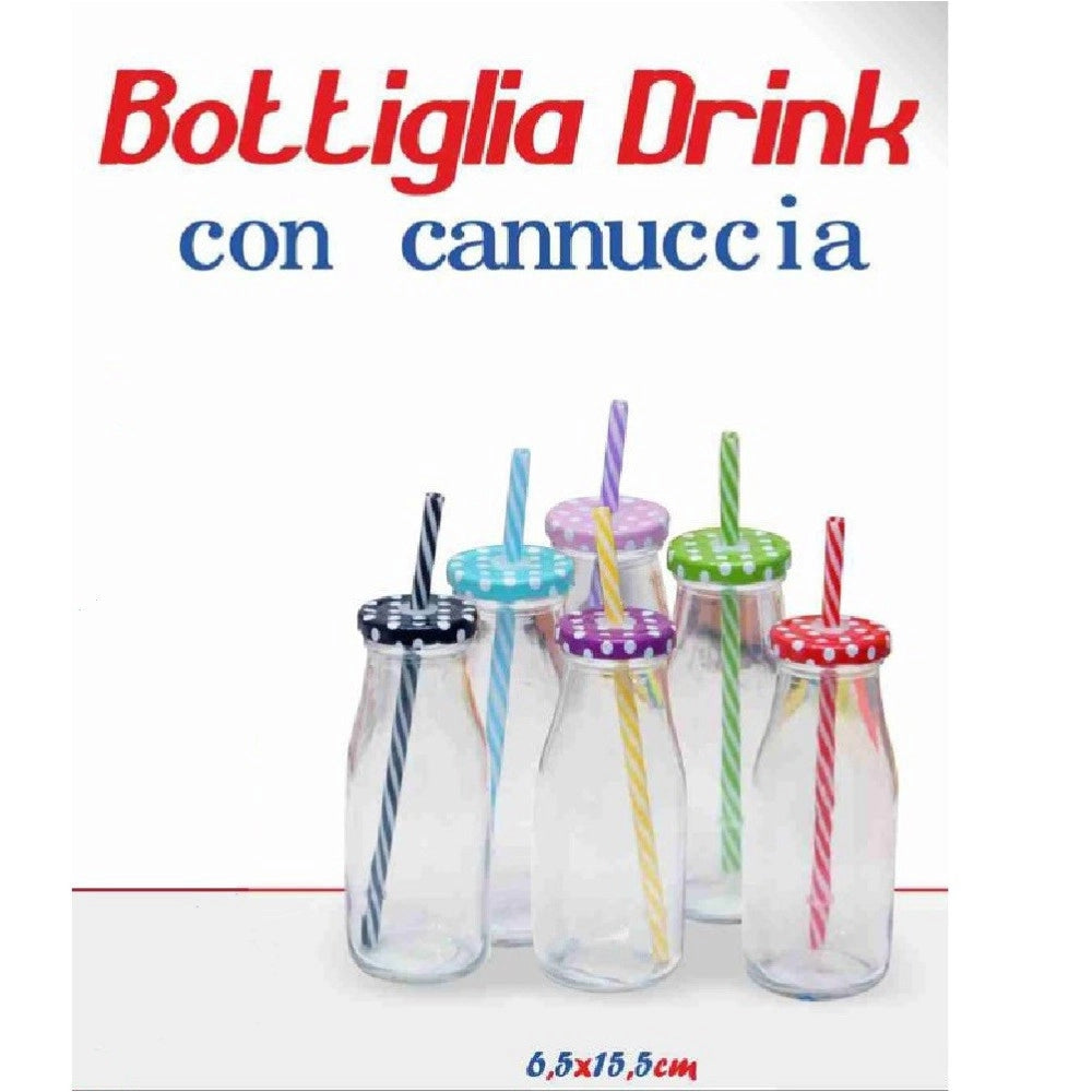 Trade Shop - Set 2 Pezzi Bottiglia Con Tappo Colorato Fantasia Bambini Cannuccia Bibite Drink -
