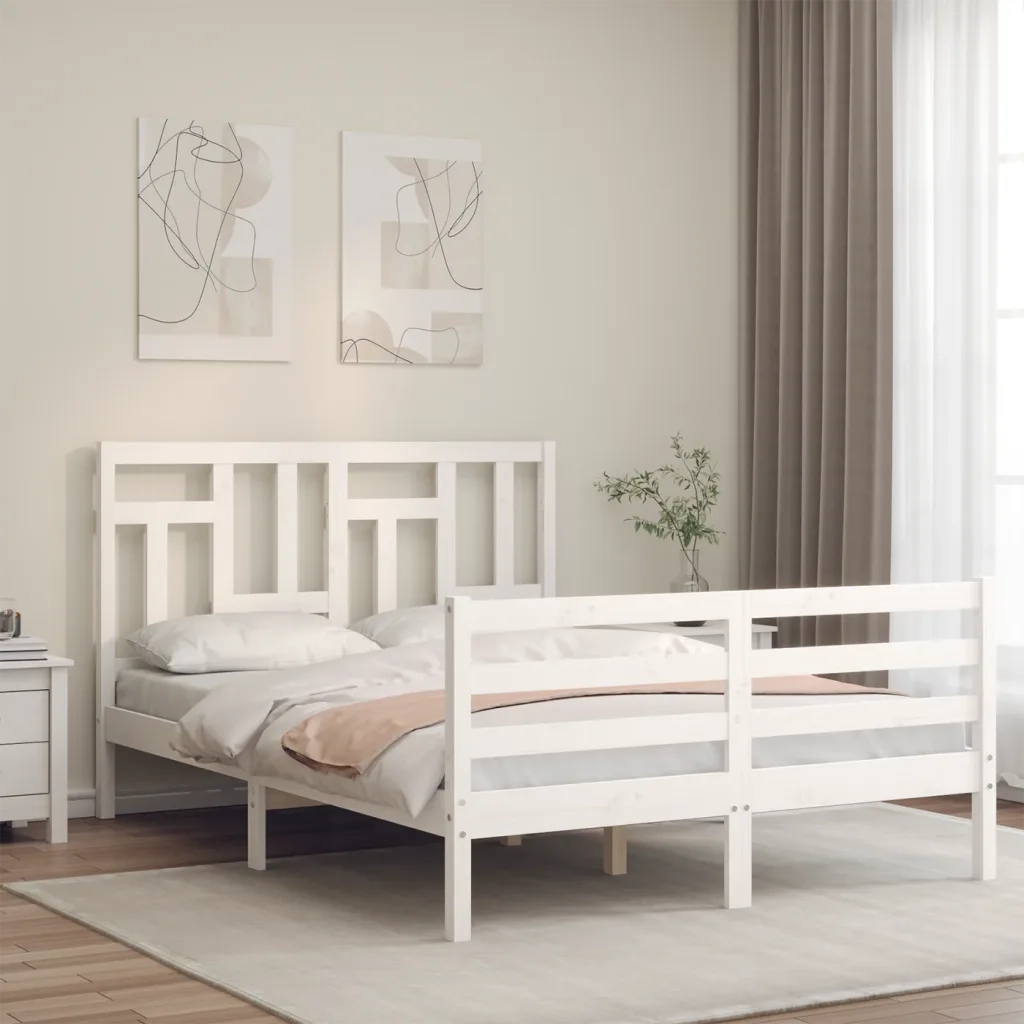 Giroletto con Testiera-Struttura Letto con testiera Bianco Small Double Legno Massello 976538