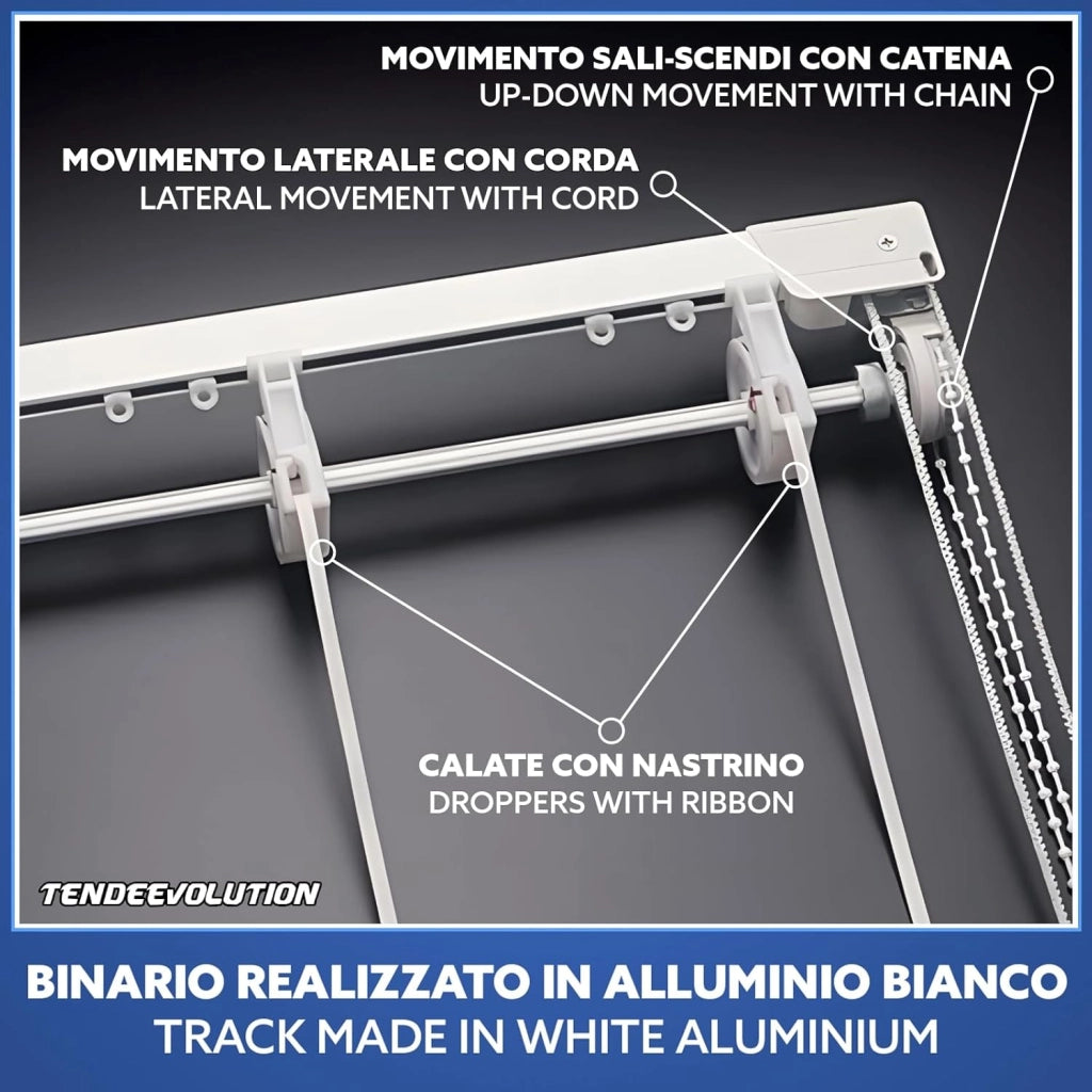 Bastone Tenda a Pacchetto Con Doppio Movimento, Binario Con Apertura Centrale a 10 Calate Lunghezza 280 CM Comando a destra
