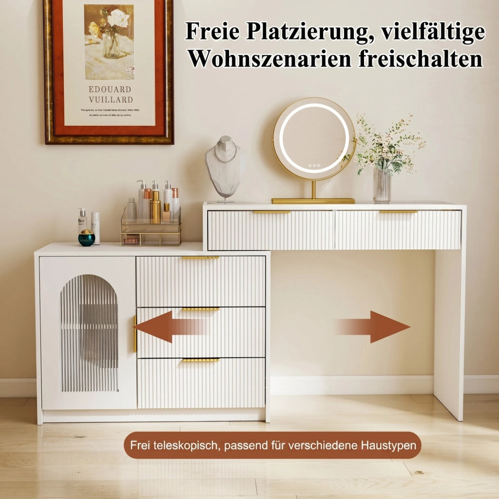 Tavolo da toeletta moderno con piano vetro; piano estraibile; specchio LED; finitura rigata; Bianco; H75×B90-160×P40cm