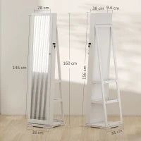 Specchio Portagioie Girevole per Camera da Letto con 2 Chiavi, in Legno Bianco e Vetro, 38x38x160 cm