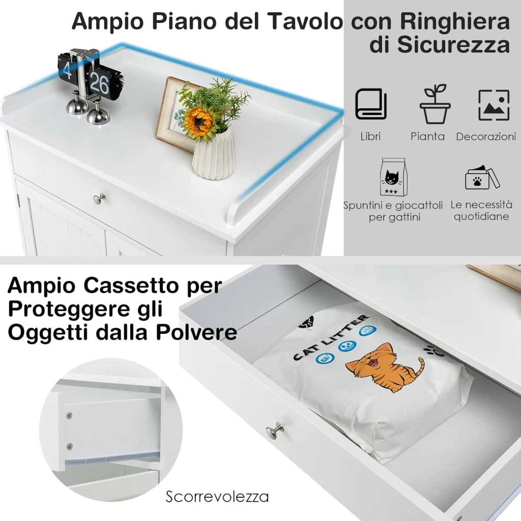 Mobile per Lettiera Gatti in Legno, con Portaoggetti, 2 Ante, Cassetto e Ingresso Laterale, Mobiletto Multiuso per Ingresso e Soggiorno, 76 x 53 x 74 cm, Carico Massimo 30 kg (Bianco)