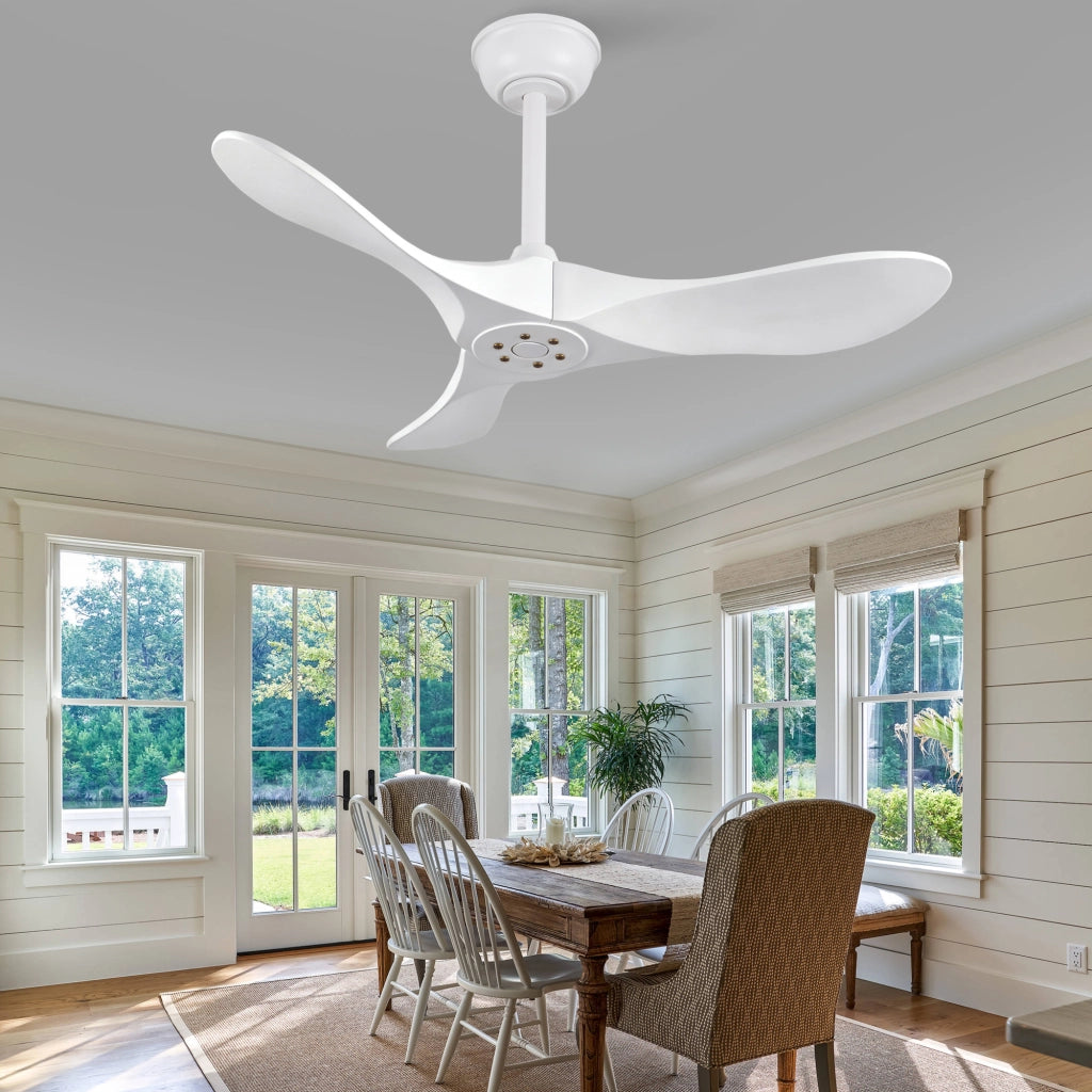 Ventilatore da soffitto bianco design moderno 36 pollici, 3 pale legno massello, senza illuminazione, motore DC reversibile silenzioso