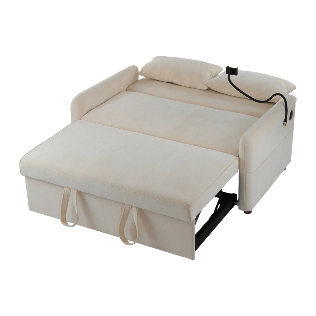 Divano Letto Estraibile 2 Posti con Schienale Reclinabile 3 Posizioni; USB; Supporto Telefono e Tasche Laterali in Ciniglia Beige