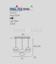 SOSP. CROMO 3 LUCI RETTANGOLARE VETRI (2 PICCOLI +1 MEDIO) TUTTI BRONZO 1194CR-S3 RPM-BR