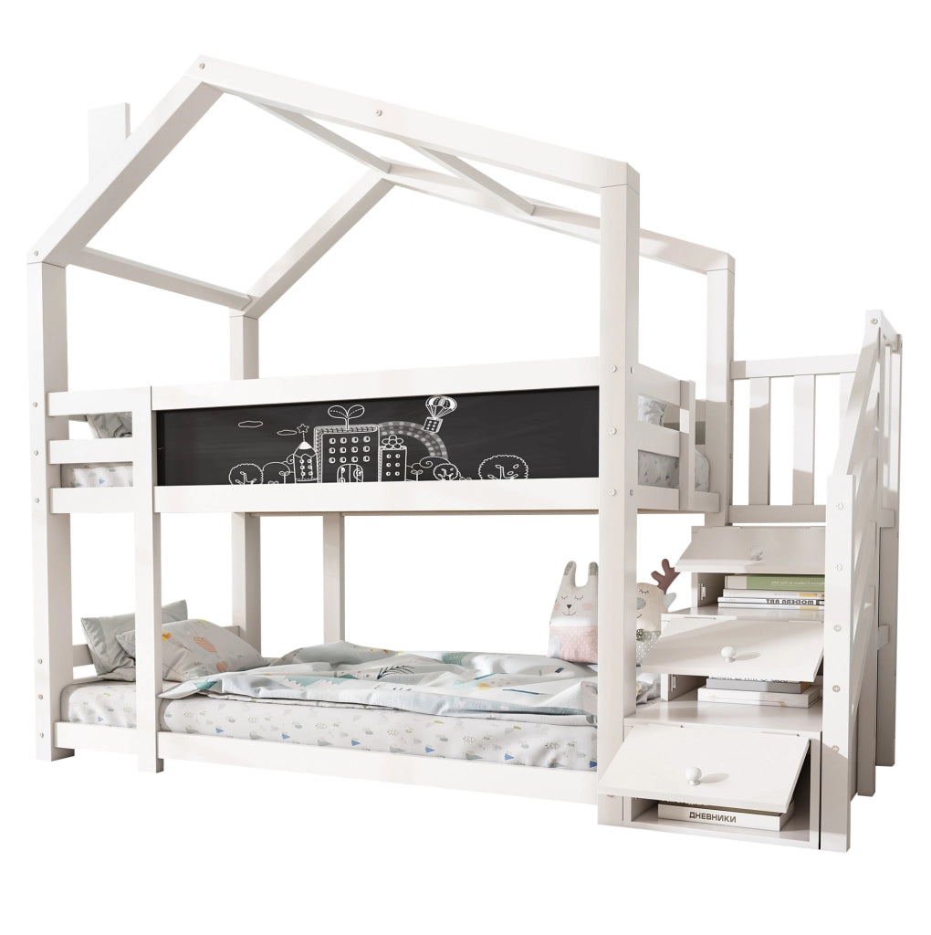 Letto a castello 90x200 cm a casetta con scala contenitore e lavagna in truciolare e legno bianco