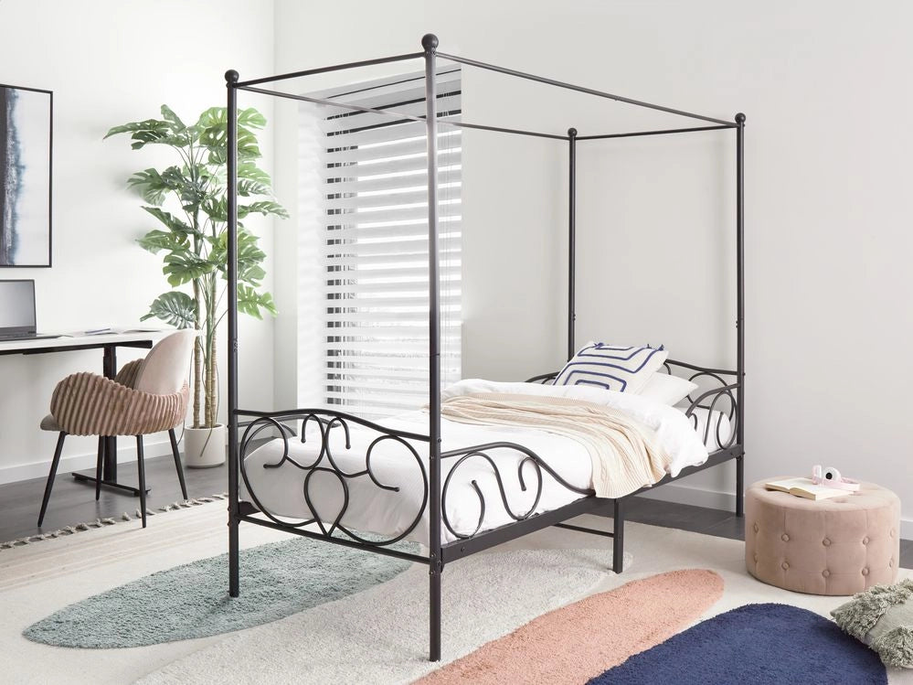 Letto a baldacchino in metallo nero 90 x 200 cm EU misura singola Retro Decorativo