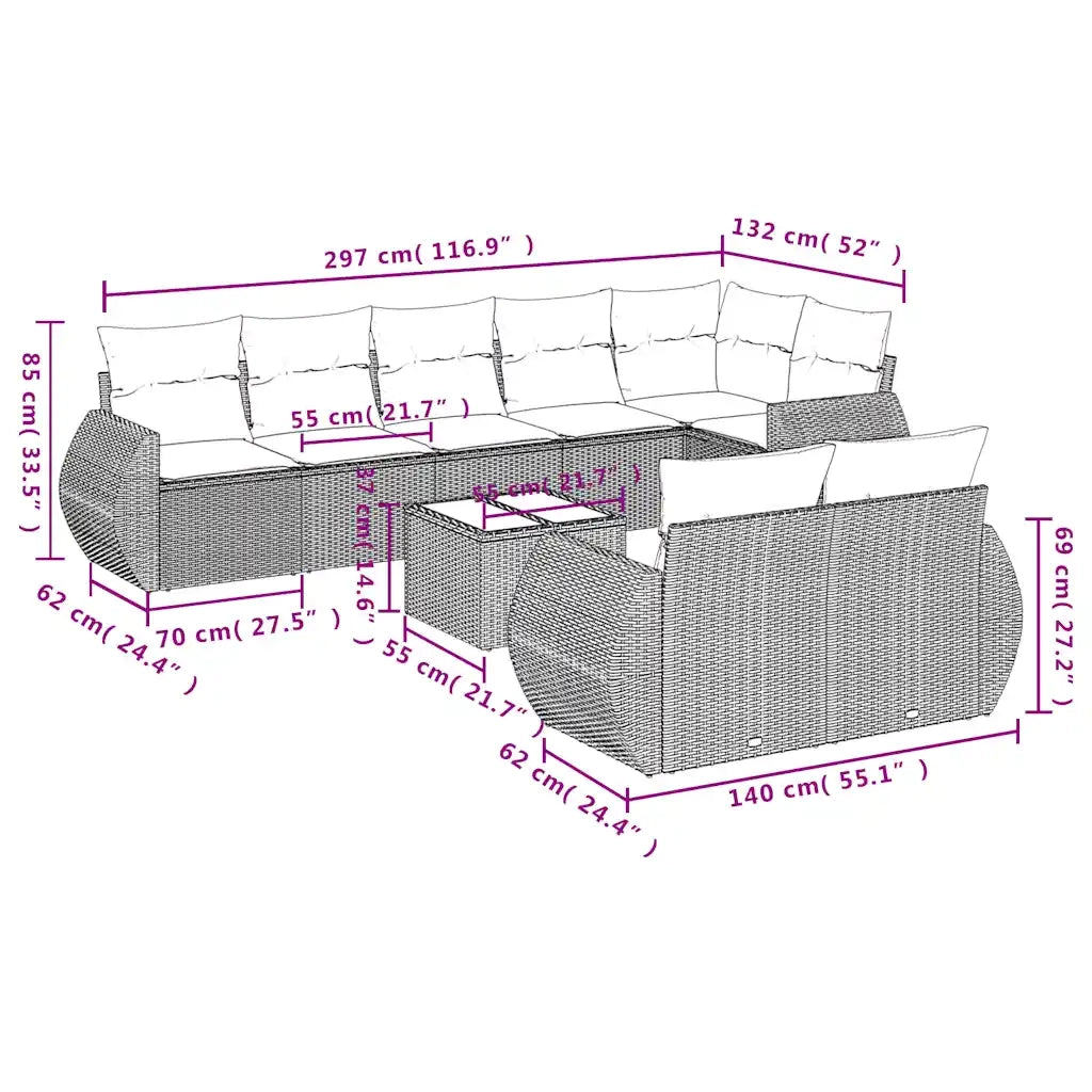 Set Divani da Giardino 9pz con Cuscini Marrone in Polyrattan 3253970