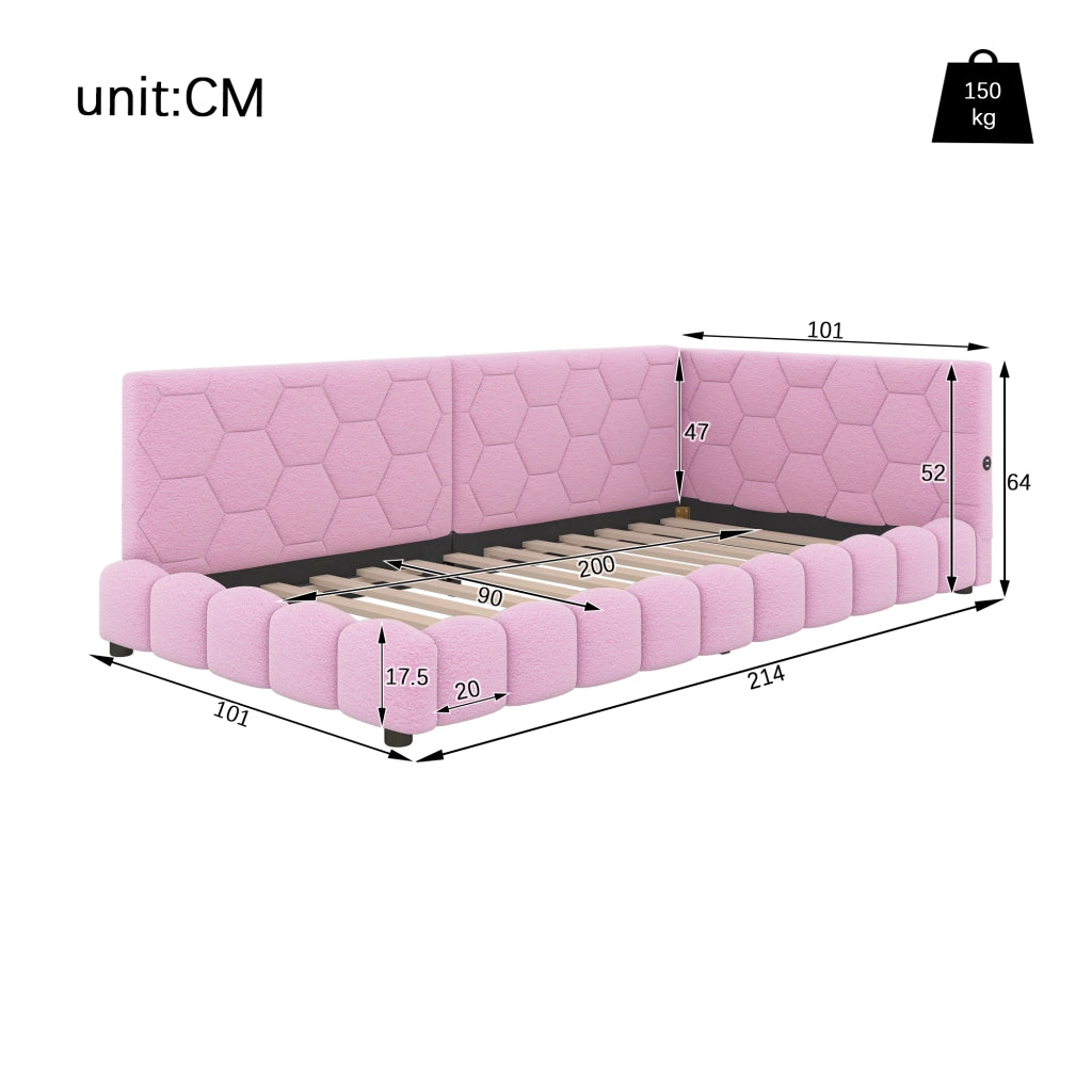 Letto singolo 90×200 cm con LED regolabile; USB; Type-C e rete; senza materasso; velluto; rosa