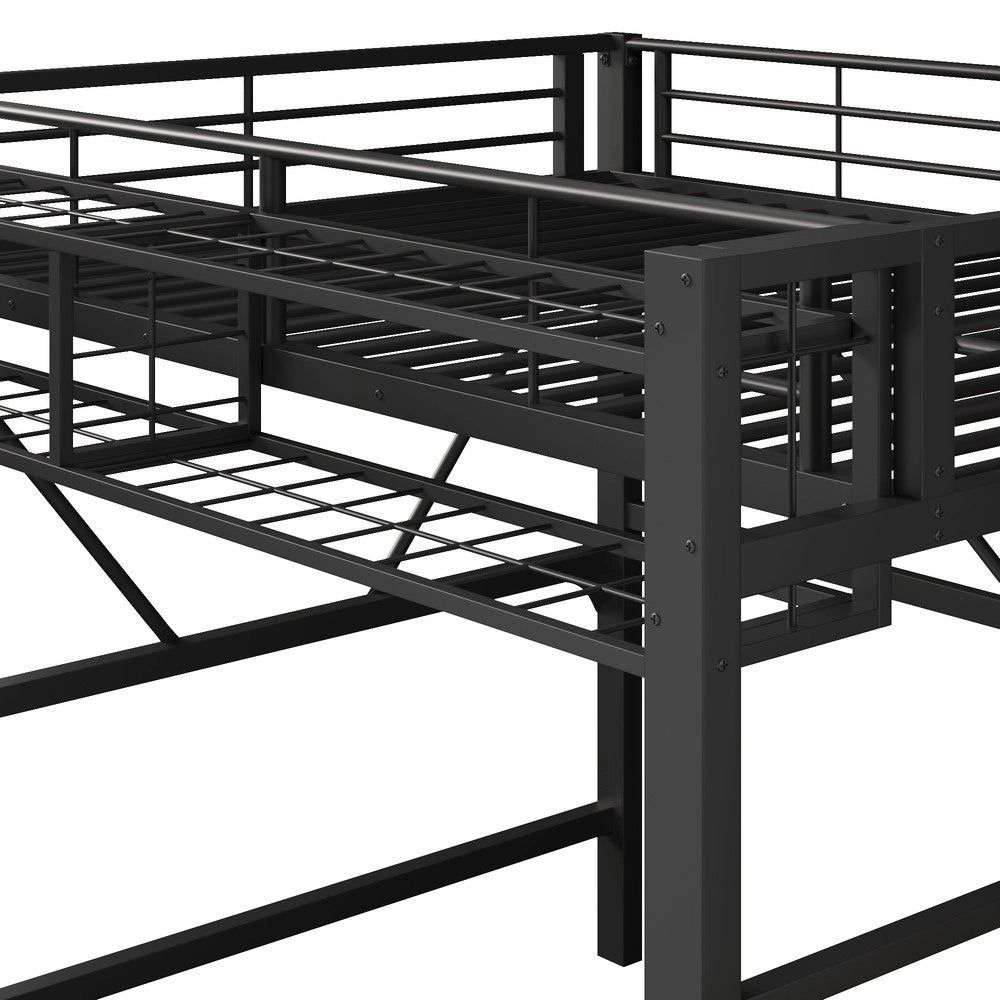 Letto a Soppalco con LED ¨C MINIMAL ¨C Metallo Nero 140x200, Gradini, Contenitore