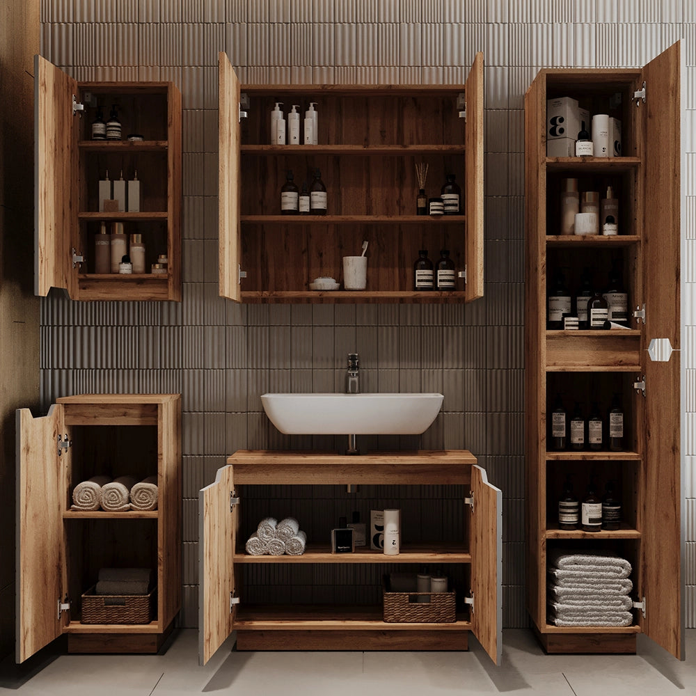 Vicco Set di mobili da bagno Rovere/grigio con struttura in piastrelle 5 parti