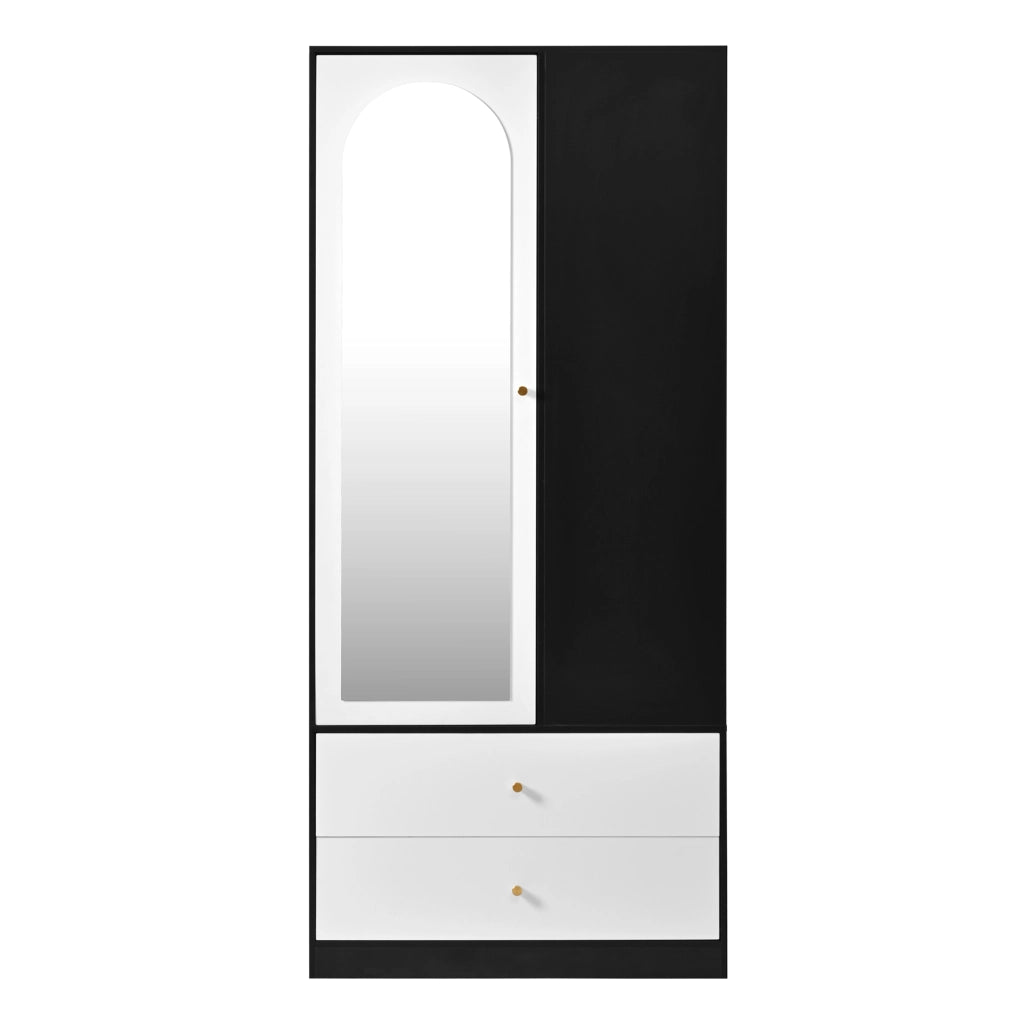 Armadio moderno con specchio, 1 anta, 2 cassetti e 4 ripiani, 80x40x180 cm, Bianco/Nero