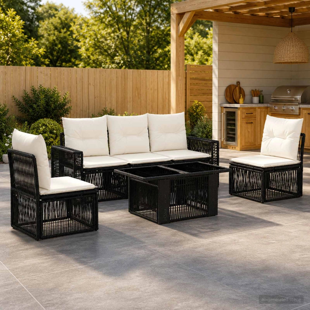 Set Divano da Giardino 6 pz Nero e Bianco Crema polyrattan 3436768