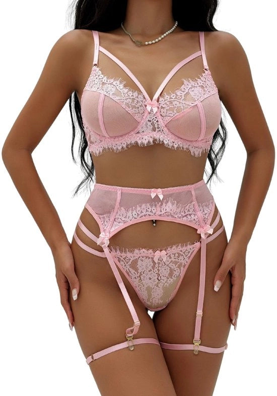 Set di lingerie per donna 4 pezzi - Sexy bordo - Cintura alta - Slip/Dove per il sedere - Cinture regolabili - Set di sottovesti
