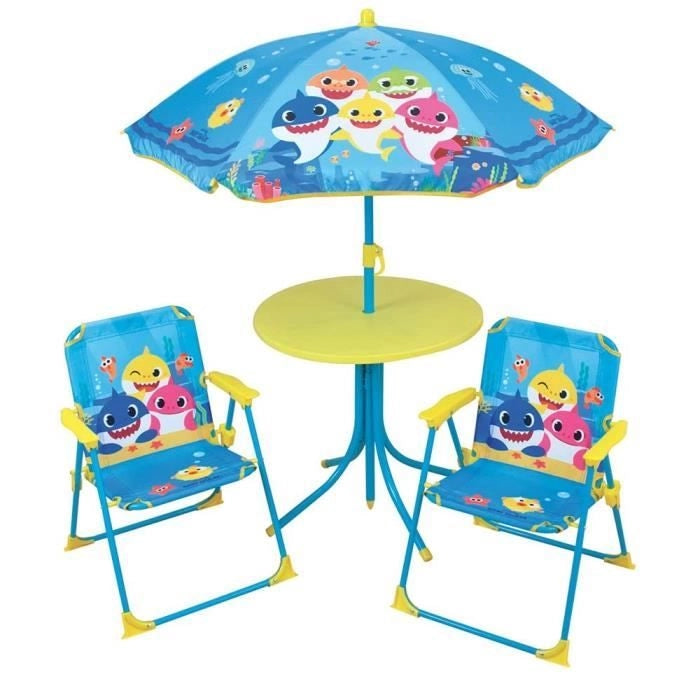 FUN HOUSE Baby Shark Mobili da giardino - 1 tavolo H.46x46 cm, 2 sedie H.53xL.38.5xP.37.5 cm e 1 ombrellone H.125 x 100 cm