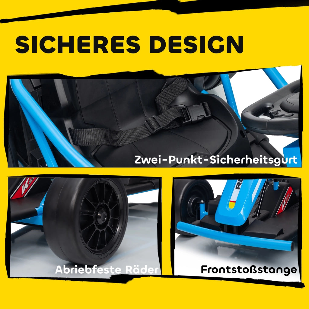 Go-Kart Elettrico 24V con Drift ¨C Xylo ¨C Pneumatici Nylon, Cintura Sicurezza, Clacson, Musica, 8-12 Anni, Blu