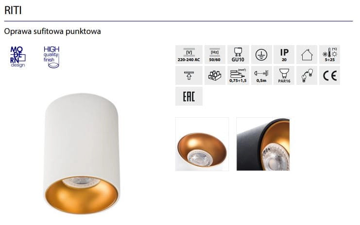 Spot da soffitto Kanlux RITI 27571 GU10 oro/nero alluminio