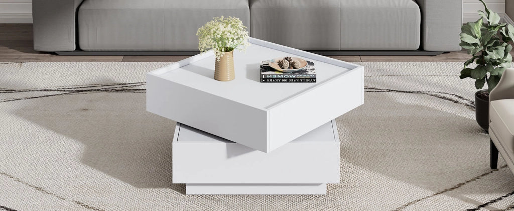 Tavolino da caffè girevole 360°, bianco, con 2 cassetti e vano contenitore, 60×60×38 cm