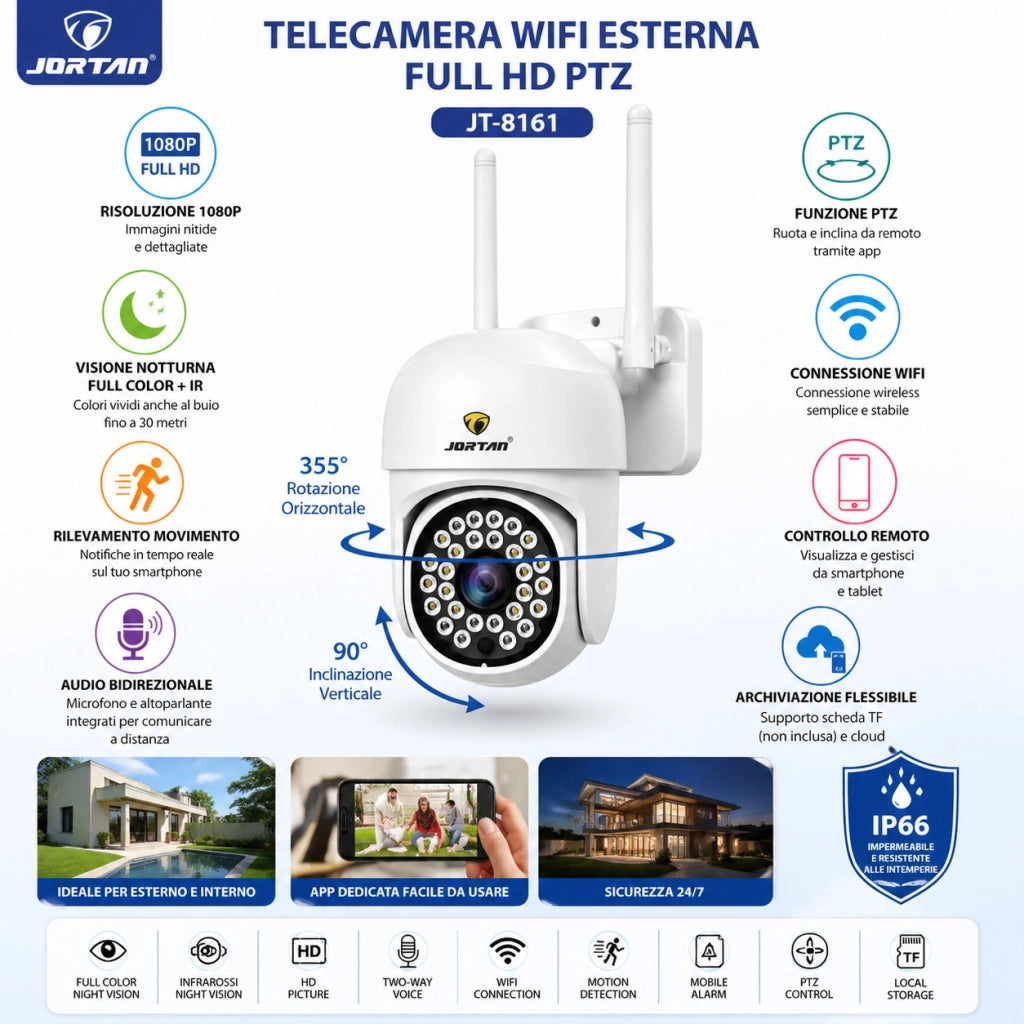TELECAMERA WIFI ESTERNA FULL HD IP66 VISIONE NOTTURNA CONTROLLO REMOTO JT-8161