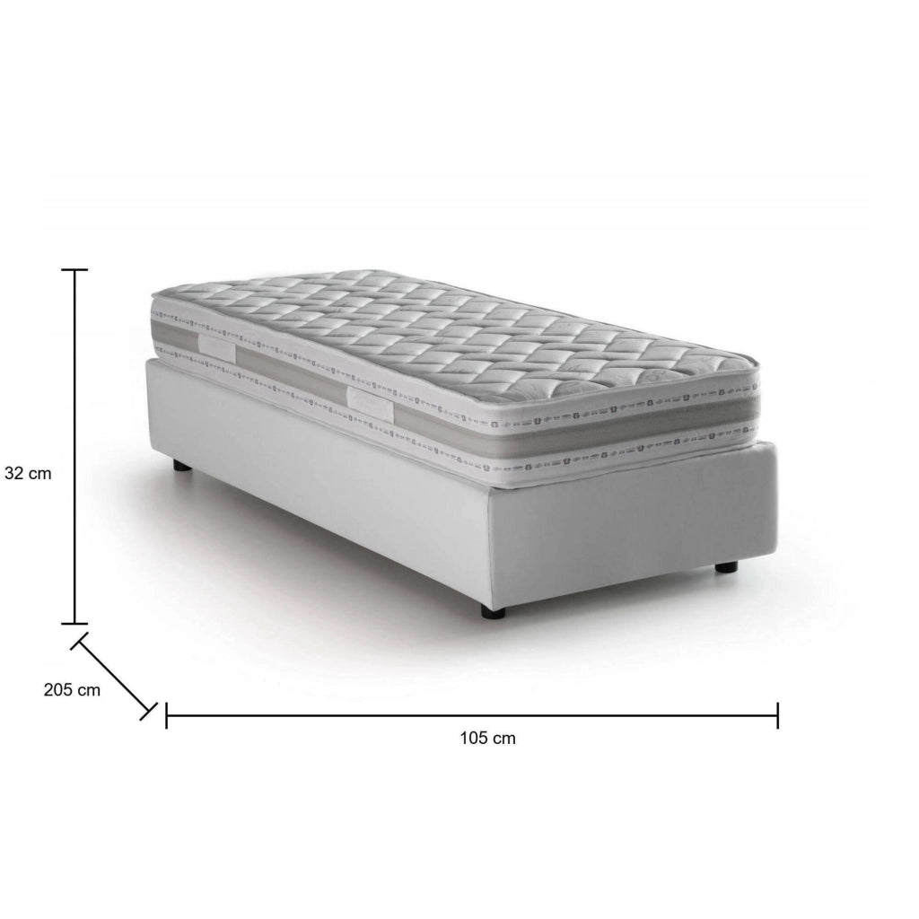Letto singolo Addison, Letto contenitore con rivestimento in tessuto, Made in Italy, Apertura frontale, con materasso cm 90x190 incluso, Bianco