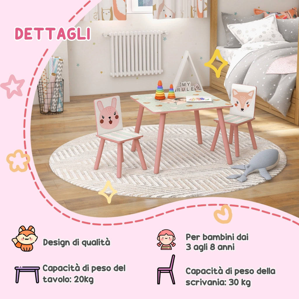 EasyComfort Set Tavolo e Sedie 3 Pezzi per Bambini 3-8 Anni in MDF e Legno di Pino con Disegni di Animali, Rosa