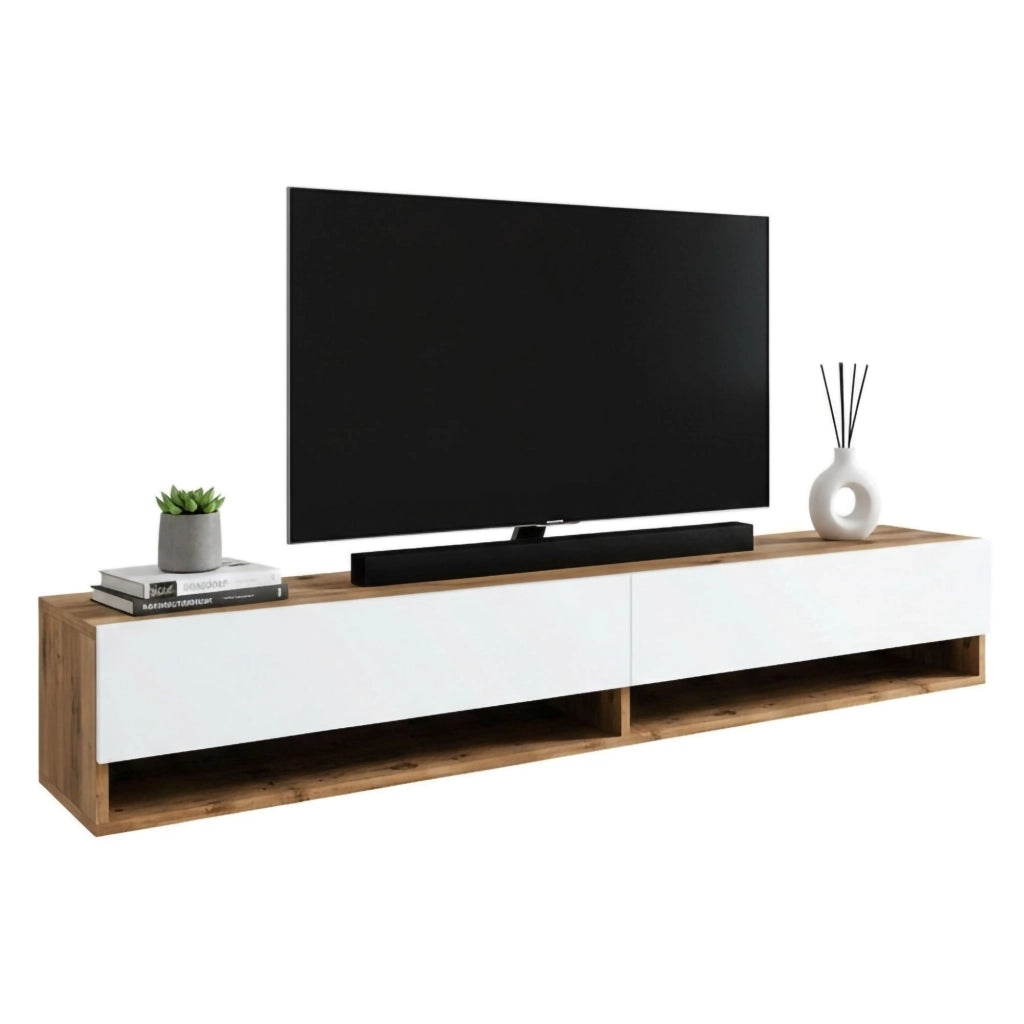 Mobile porta TV Compasso, Credenza da soggiorno, Armadio basso per TV, Base parete attrezzata, 180x32h29 cm, Quercia e Bianco