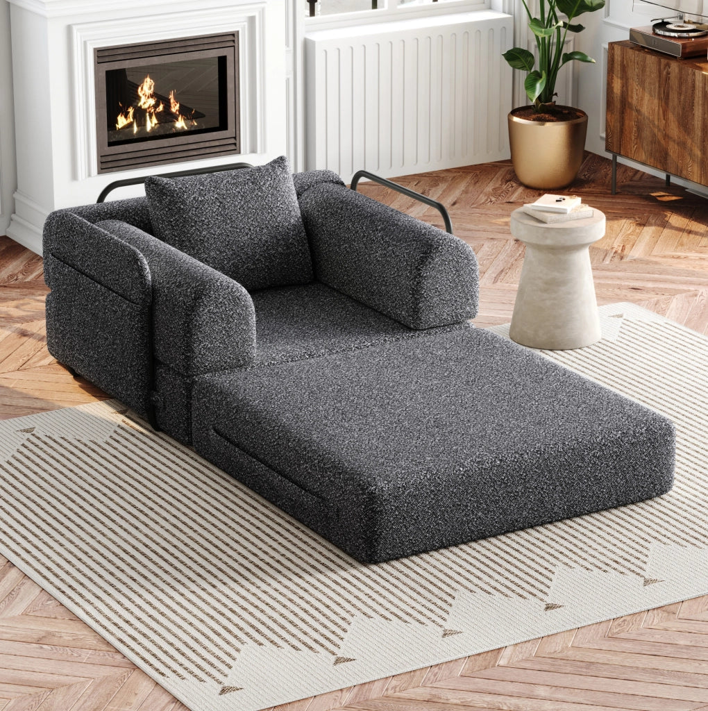 Divano letto monoposto in ciniglia grigio con vano bracciolo e struttura in acciaio