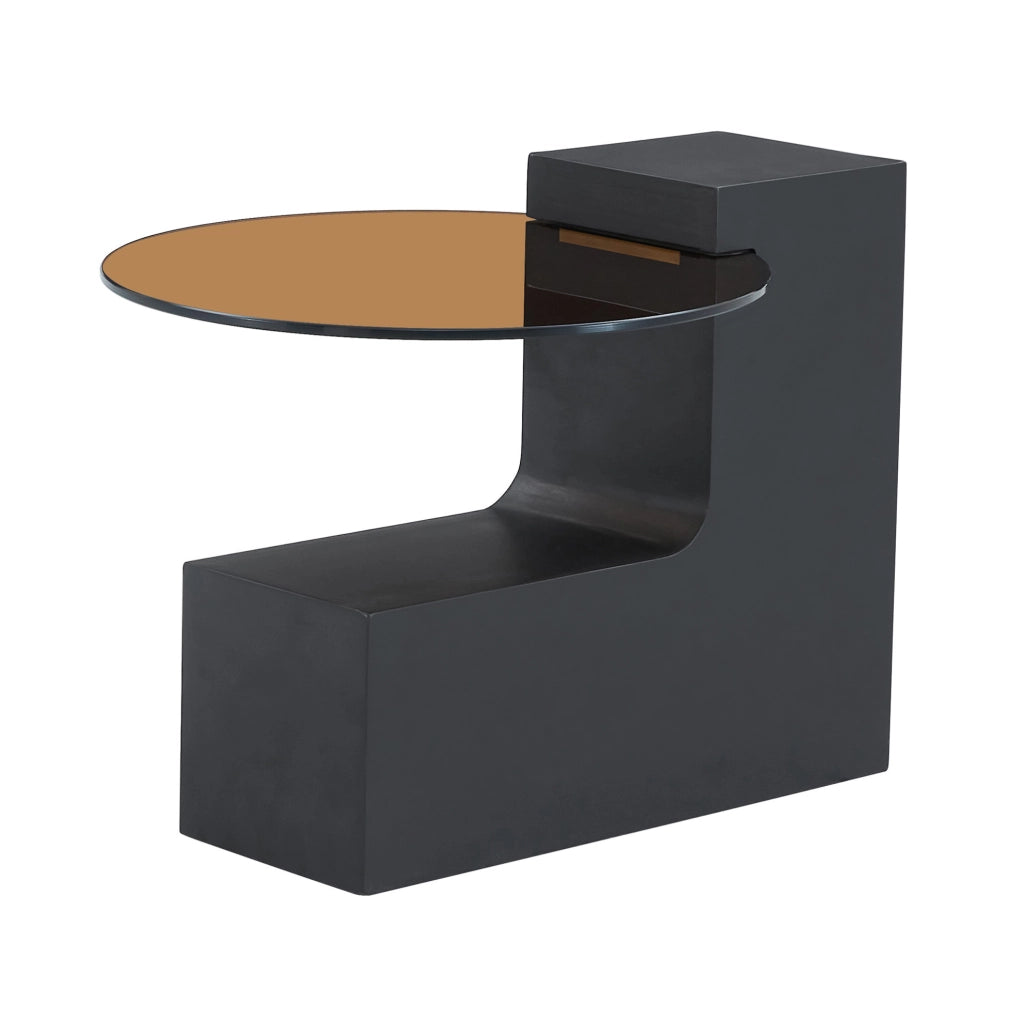 Set di tavolini rotondi a 2 livelli in MDF e vetro, nero e effetto legno