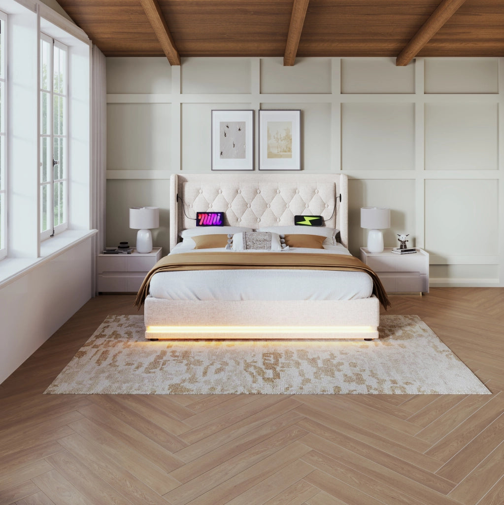 Letto imbottito con contenitore, testiera con ricarica USB e illuminazione LED