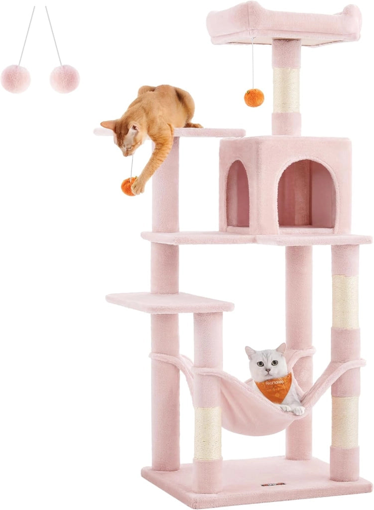 Feandrea Albero per Gatti Alto 143 cm, Tiragraffi per Gatti, con 4 Pali Graffiatoi, 2 Posatoi, 1 Grotta, 1 Amaca, 2 Pompon, in Peluche a Più Livelli, Marrone Cammello PCT161K01