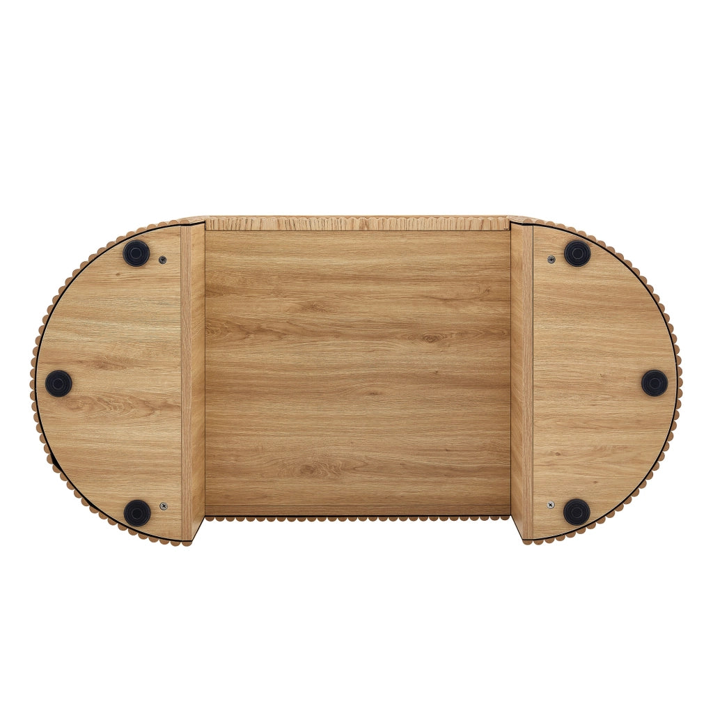Tavolino basso ovale con cassetto e vano aperto frontali zigrinati in MDF effetto rovere chiaro per soggiorno 118 × 65 × 17 cm