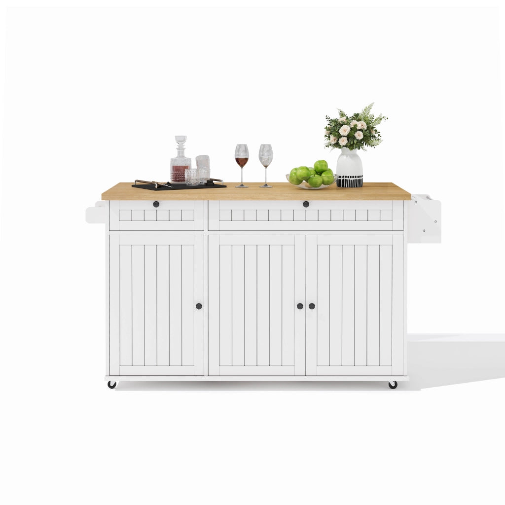 Isola cucina moderna con piano ribaltabile, 2 cassetti, mobile su ruote con ripiani e porta spezie, bianco/naturale, 137 x 89,5 x 45 cm