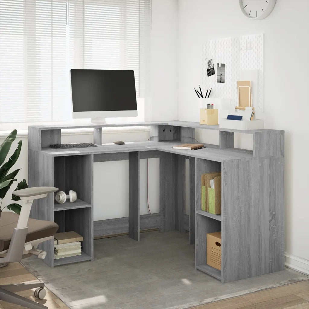 Scrivania con Luci LED Grigio Sonoma 130x130x91cm in Truciolato 3309452