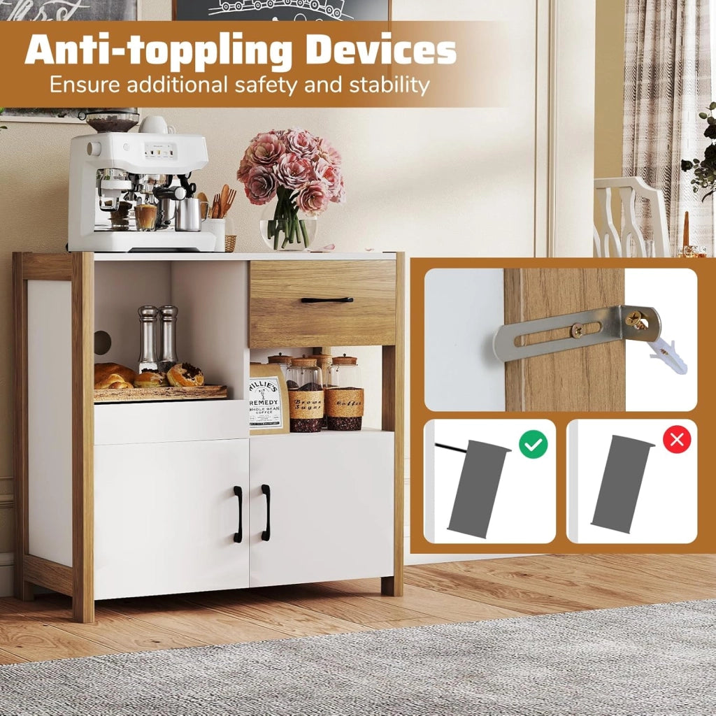 Credenza Cucina con Ripiano Regolabile, Armadio Dispensa con Cassetto, Ripiani Aperti e Armadio con 2 Ante, Mobile Buffet per Sala da Pranzo, Soggiorno, 82 x 40 x 81 cm, Bianco