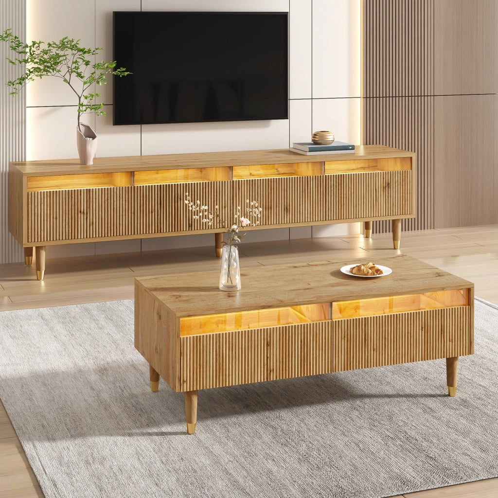OKWISH Set di 2 Mobili da Soggiorno con Mobile TV e Tavolino con LED, 4 Ante e 2 Cassetti, MDF Legno