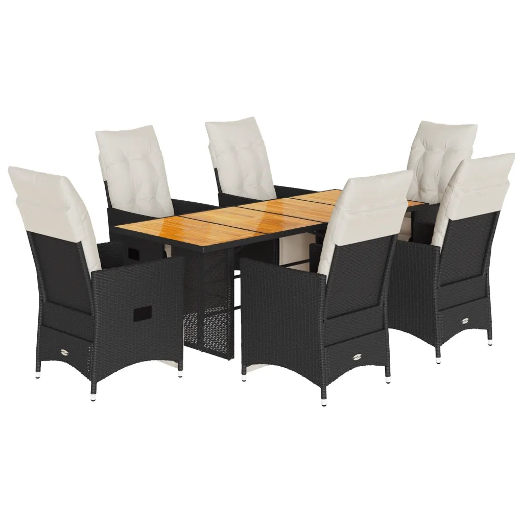 Set da Pranzo da Giardino 7 pz Nero con Cuscini in Polyrattan