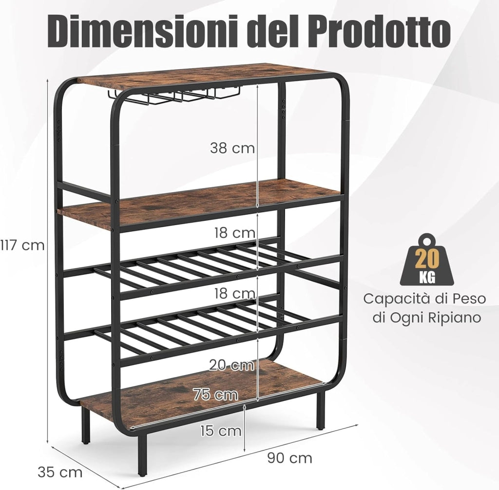 Portabottiglie da Terra 5 Livelli, Scaffale Porta Vino con Piano Legno e Portacalici, Capacità 16 Bottiglie, Struttura Metallo Stile Industriale, per Cantina, Cucina e Sala da Pranzo