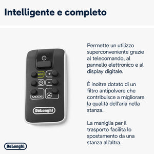 De'longhi hfx60v20 termoventilatore verticale, tecnologia ceramica, silenzioso, 2 livelli di potenza, ventilazione estiva, timer 24h, funzione eco-energy, luce, anti-ribaltamento, leggero, nero