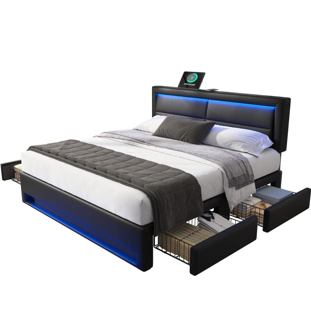 Letto imbottito 140x200 cm con LED, USB e 4 cassetti nero