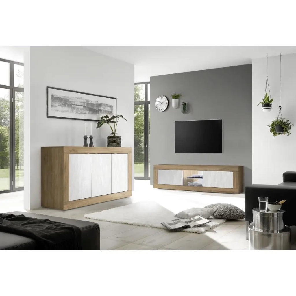 Mobile TV 2 porte senza illuminazione ACCESS. Colori bianco e rovere scuro.