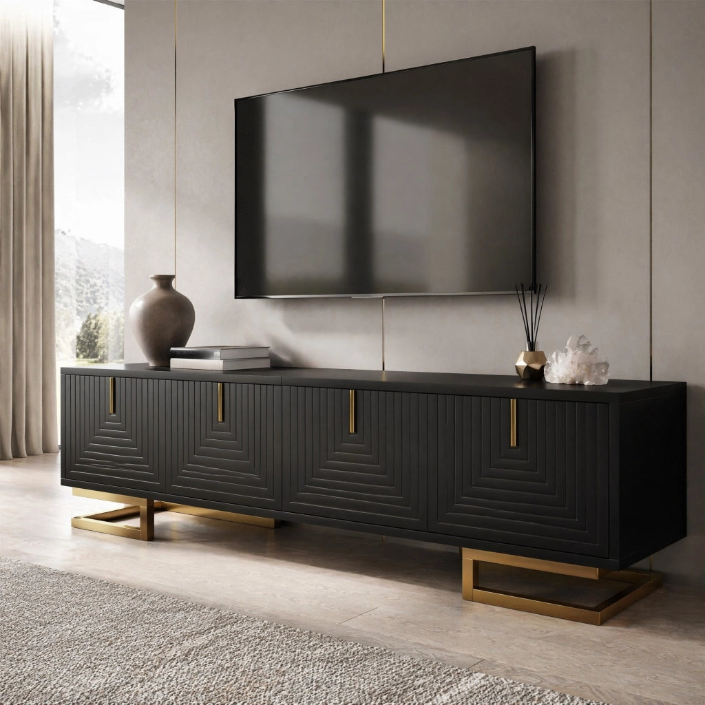 Mobile TV 160 cm nero con 4 ante, ripiani e gambe dorate regolabili