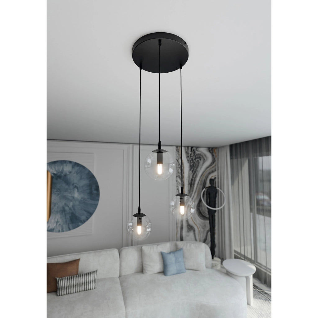 Lampada a sospensione Cosmo in acciaio nero con diffusori in vetro