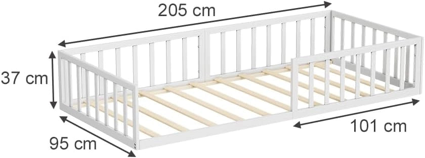 Letto a pavimento Minno 90x200, letto bambini in metallo, letto Montessori con protezione anticaduta, bassa altezza d’ingresso, bianco