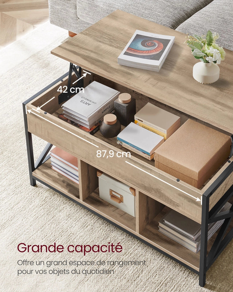 Tavolino da caffè con piano sollevabile vano portaoggetti nascosto e scomparti aperti struttura in acciaio 50 x 100 x 62 cm marrone 12_0007492