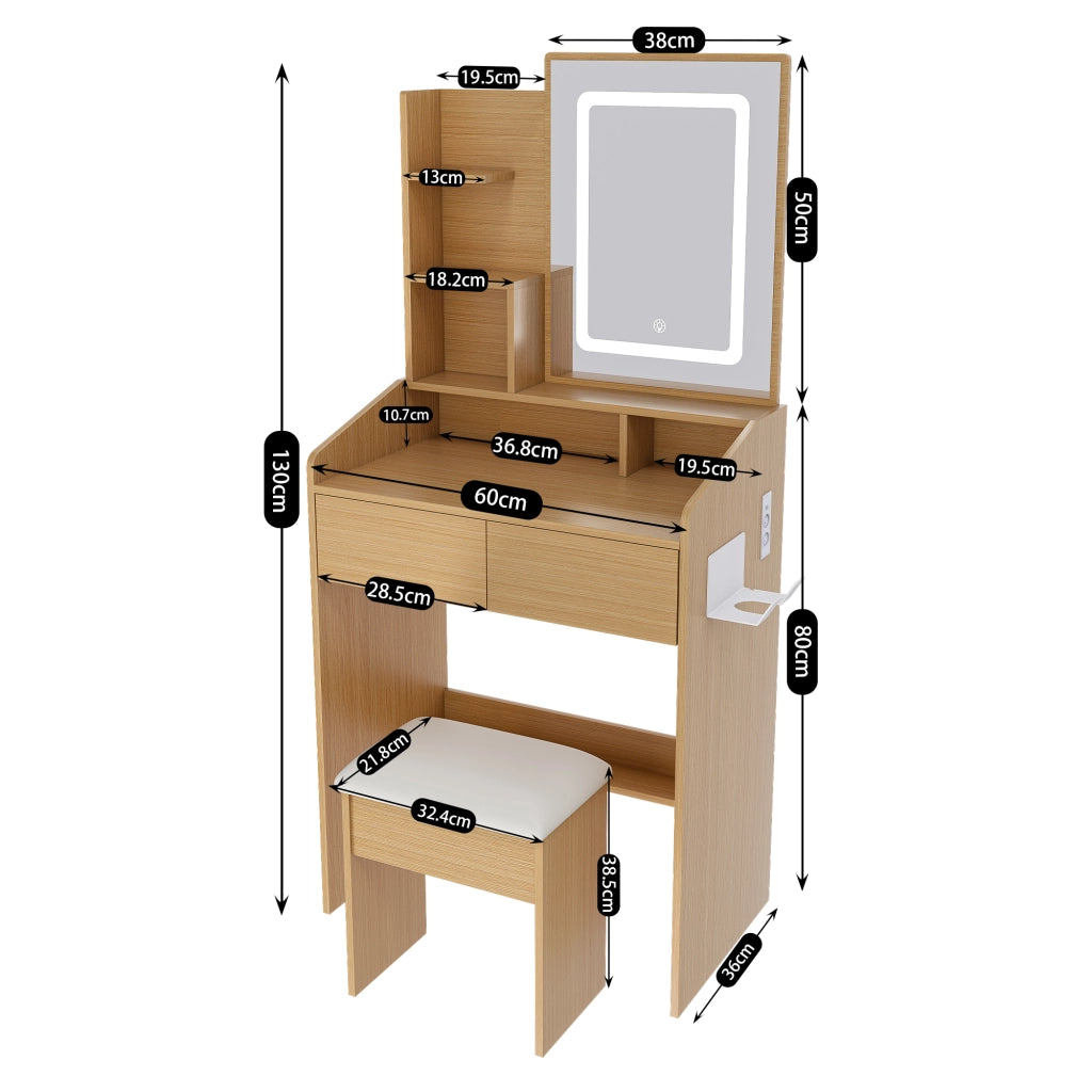 Tavolo da toeletta con specchio LED; presa; porta asciugacapelli; sgabello imbottito; compatto per piccole camere; Bianco; B60×H130×P36cm