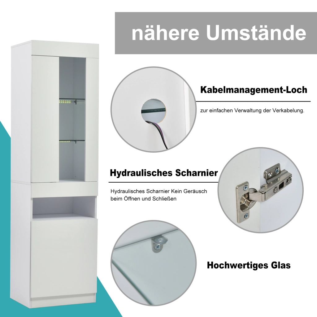 Credenza alta con ripiani in vetro LED USB e ante per soggiorno e ufficio in truciolato bianco 50 × 40 × 180 cm